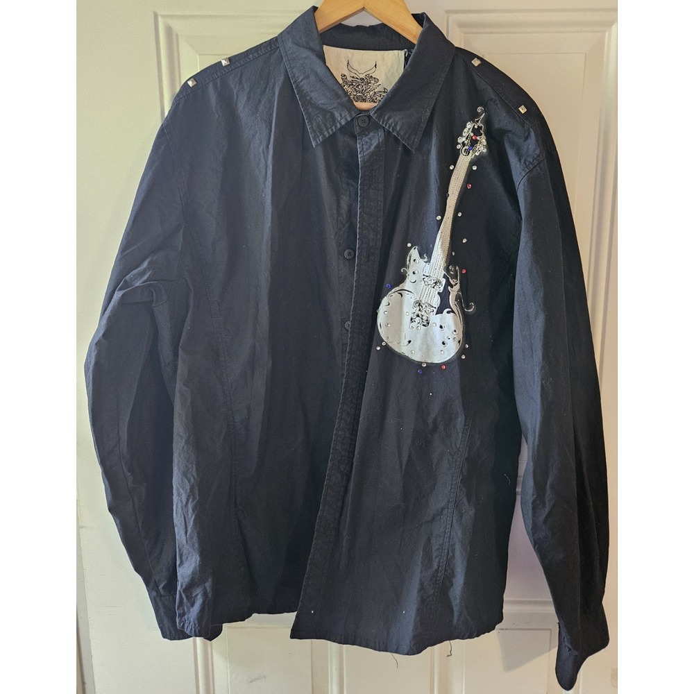 Y2K Born To Rock Black Button Up Shirt Men's XL‎ Guitar Rhinestone Studded...
